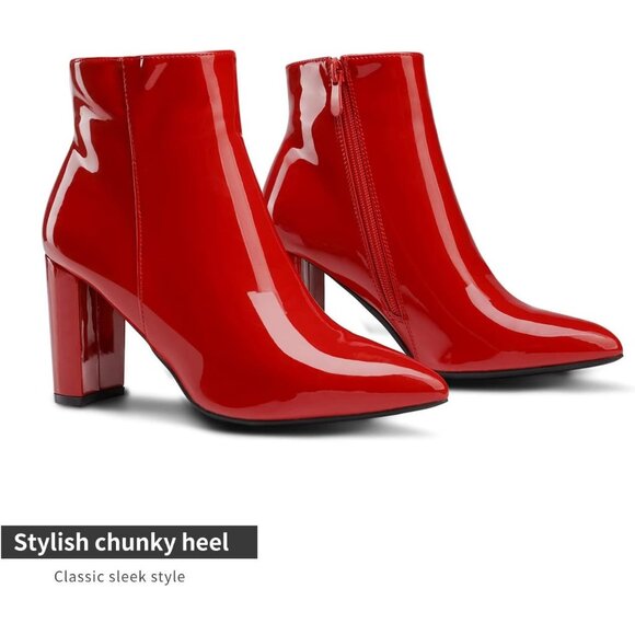 Dream Pairs Women's Red/Pat Pointed Toe Fur Lining Block Heel Ankle Booties - Picture 2 of 5